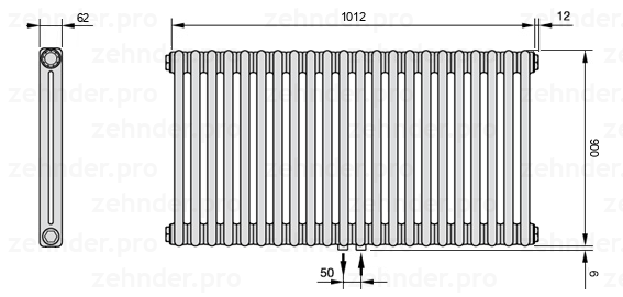 Схема (чертеж) Радиатор Zehnder Charleston 2090/22 №5410 Белый глянцевый RAL 9016